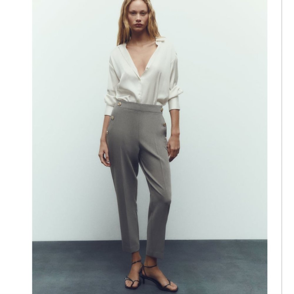 Zara Straight-Leg High-Waist Pants in Light Gray with Button Detail